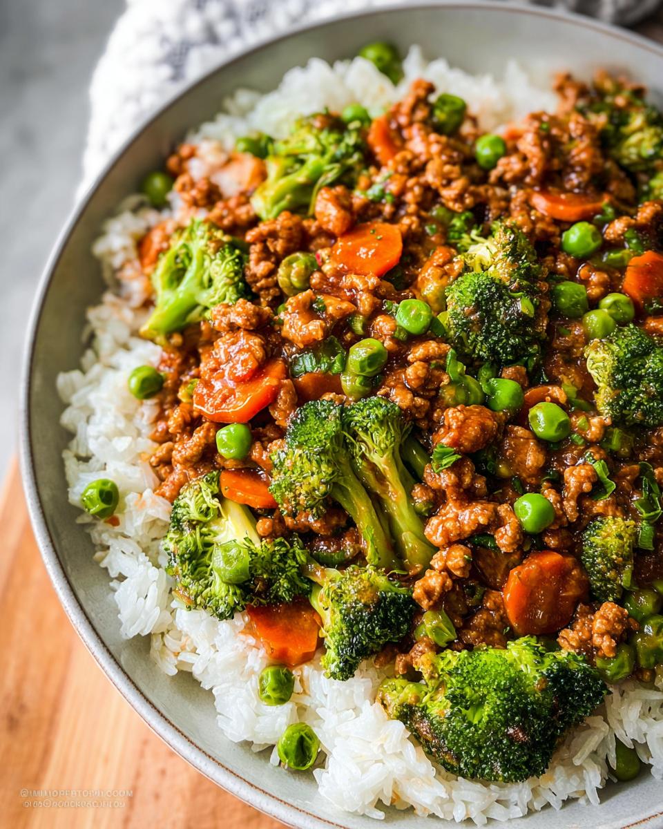 A close-up of a Teriyaki Ground Turkey Bowl served over white rice, topped with bright green broccoli, carrots, and peas.
