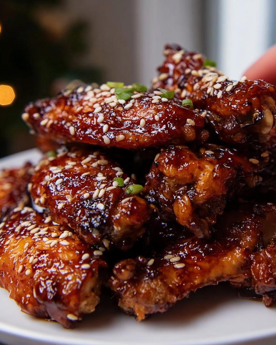 Close-up of sticky, glazed Teriyaki Sesame Baked Chicken Wings topped with white sesame seeds and green onions.