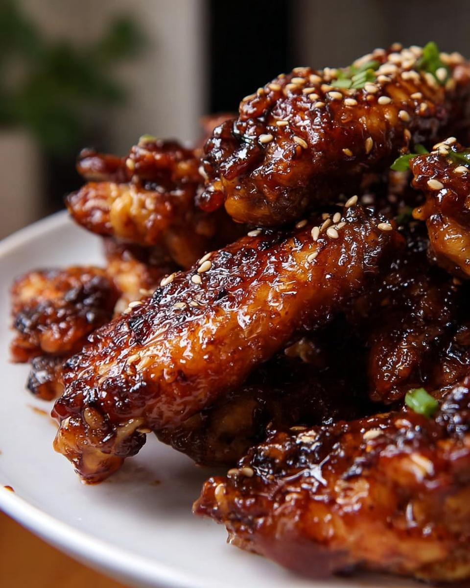 Close-up of glossy, sticky Teriyaki Sesame Baked Chicken Wings topped with sesame seeds.