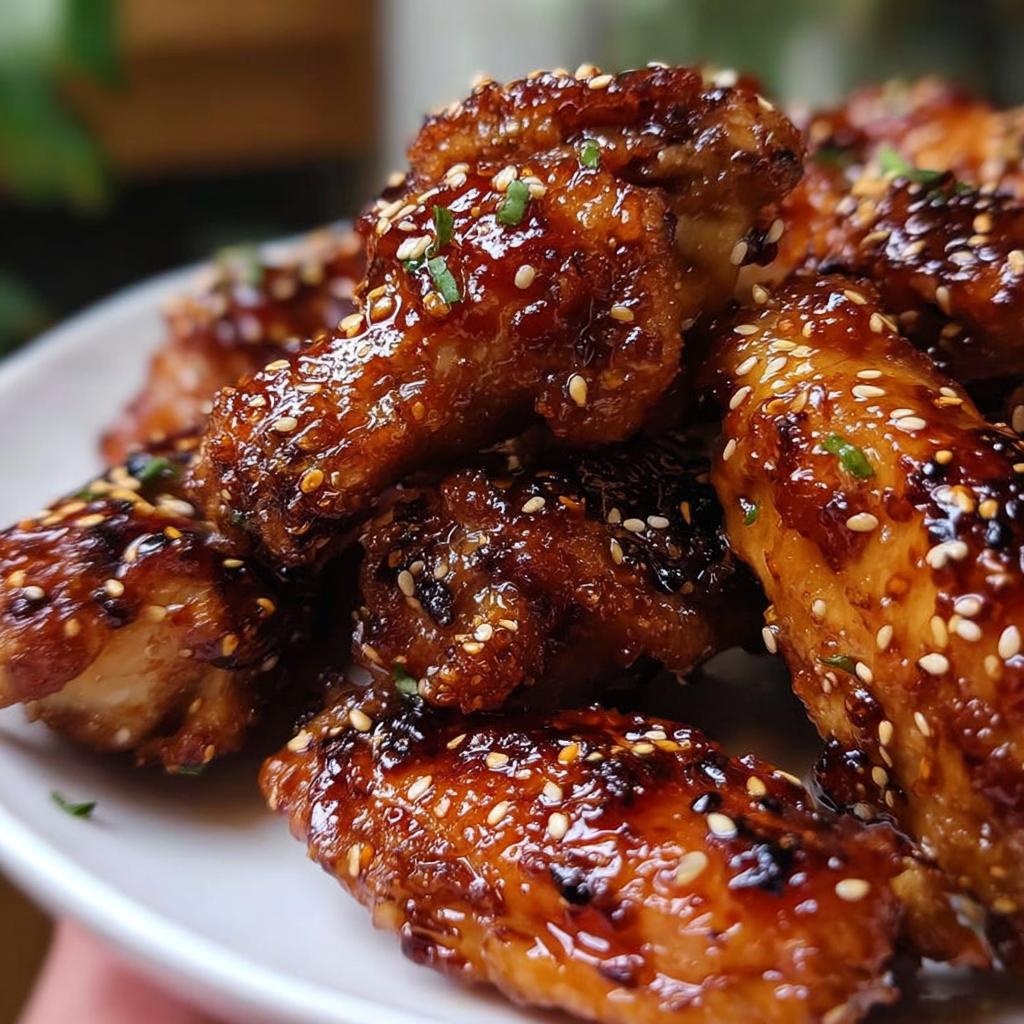 Close-up of glossy Teriyaki Sesame Baked Chicken Wings piled on a white plate, sprinkled with sesame seeds.