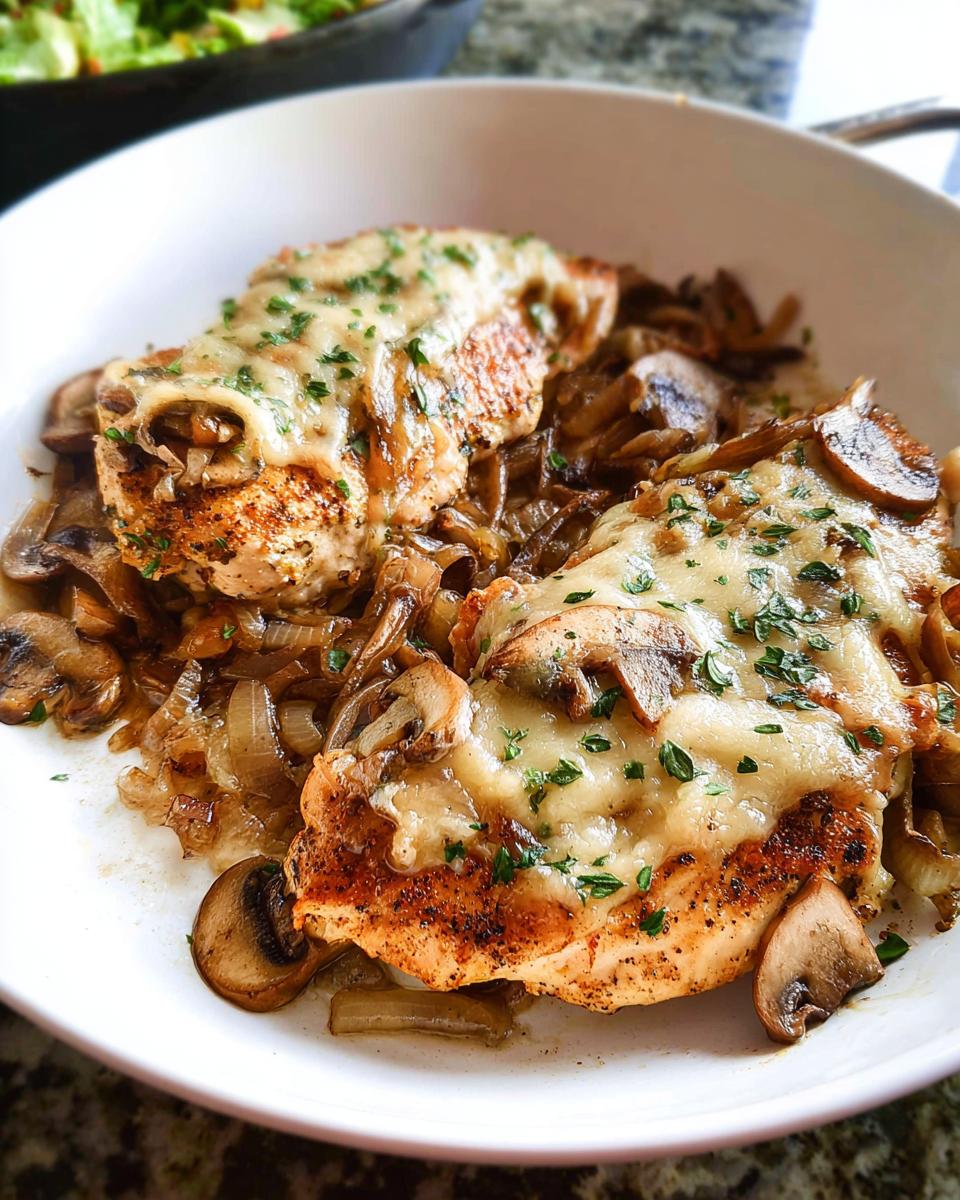 Two seasoned chicken breasts topped with melted cheese, mushrooms, and onions, inspired by Texas Roadhouse Butter Chicken Skillet.