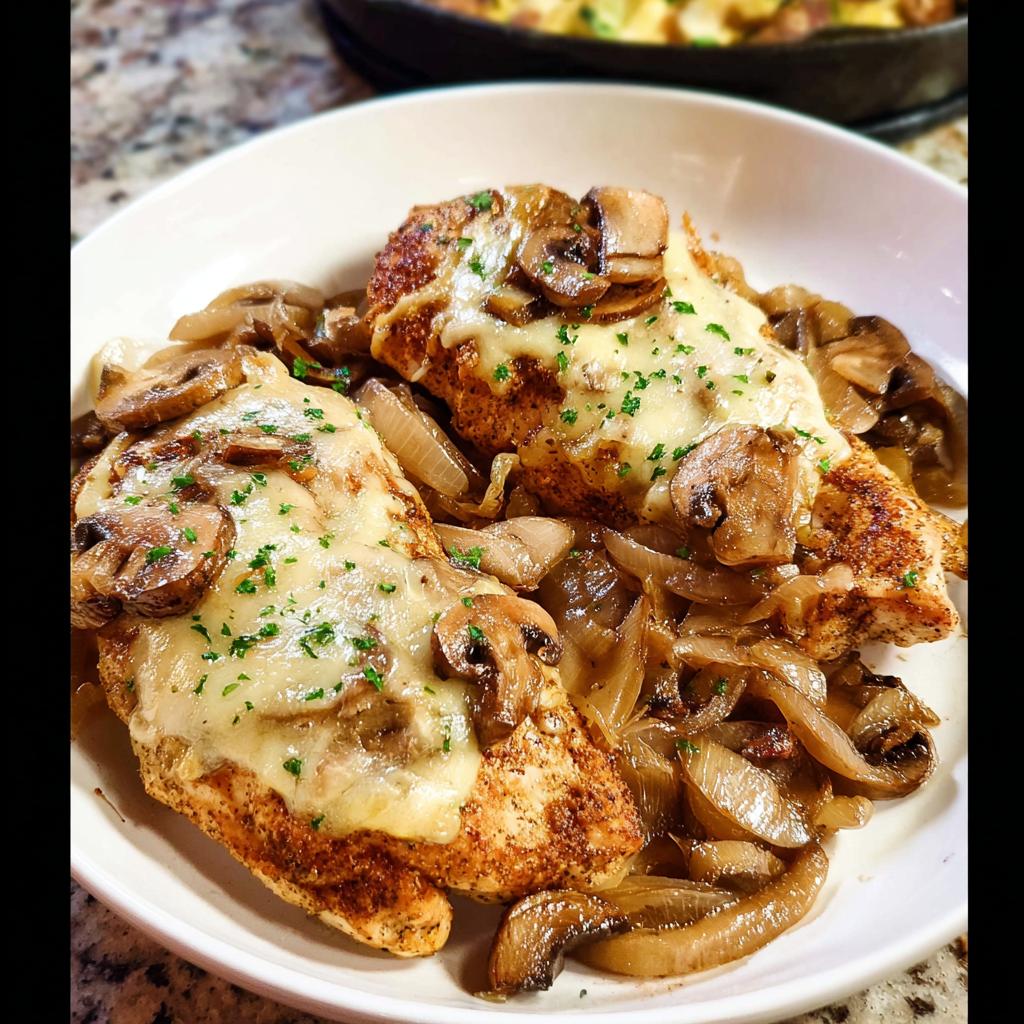 Two seasoned chicken breasts topped with melted cheese, sautéed mushrooms, and onions, inspired by Texas Roadhouse Butter Chicken Skillet.