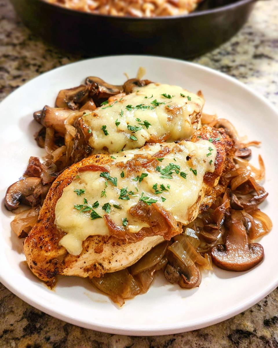 Two seasoned chicken breasts topped with melted cheese and onions served over sautéed mushrooms, inspired by Texas Roadhouse Butter Chicken Skillet.