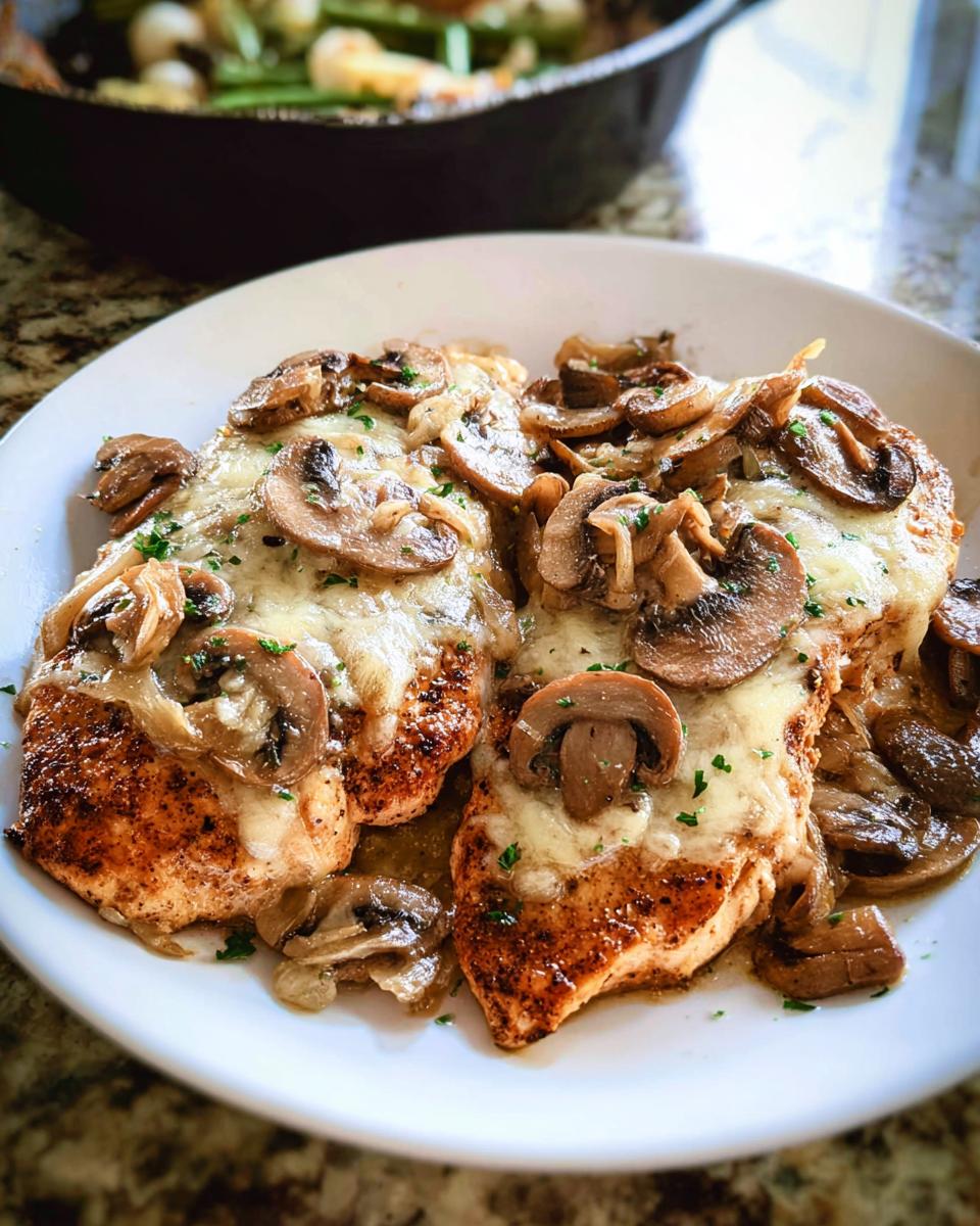 Two seasoned chicken breasts topped with melted white cheese, sautéed mushrooms, and parsley, inspired by Texas Roadhouse Butter Chicken Skillet.