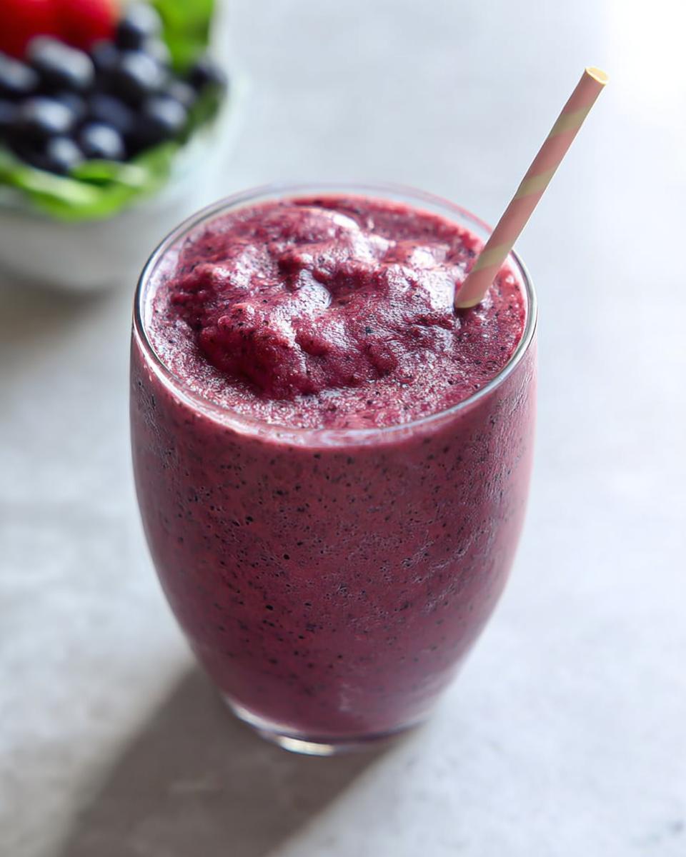 A close-up of a thick, deep purple, high-protein smoothie in a glass with a striped straw.