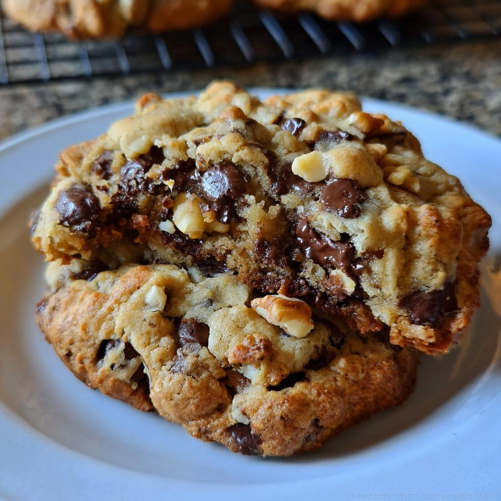Close-up of a thick Levain Style Chocolate Chip Walnut Cookies, broken in half showing gooey melted chocolate and walnuts.