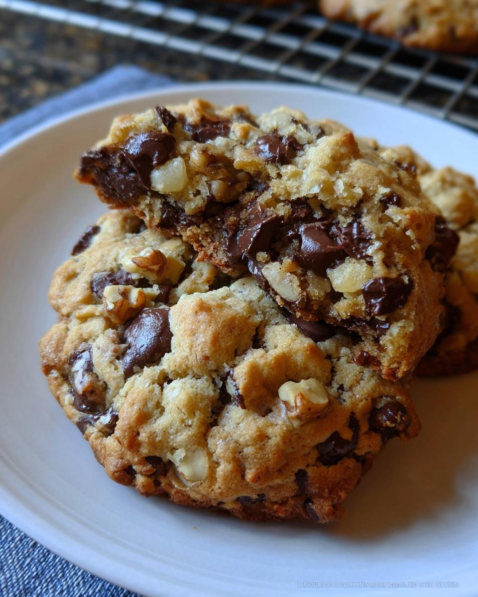 Close-up of two Thick Levain Style Chocolate Chip Walnut Cookies stacked on a white plate, showing melted chocolate.