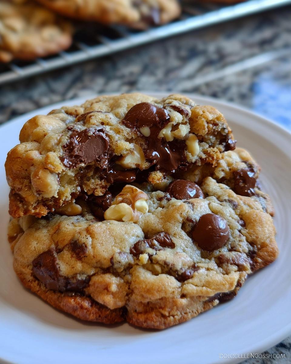 Close-up of a thick Levain Style Chocolate Chip Walnut Cookie broken in half, showing gooey melted chocolate.