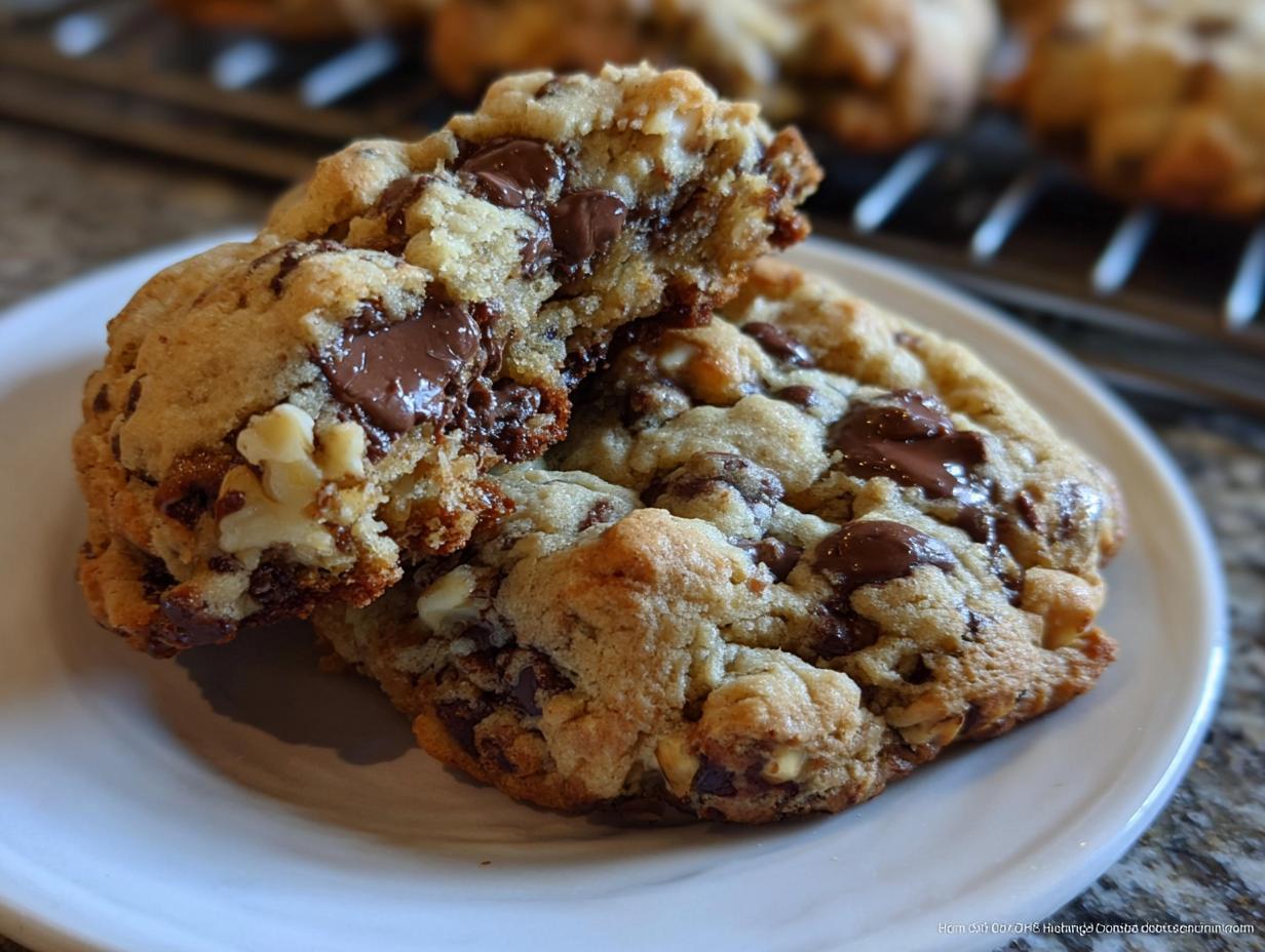 Close-up of two Thick Levain Style Chocolate Chip Walnut Cookies, one split to show the gooey center and walnuts.