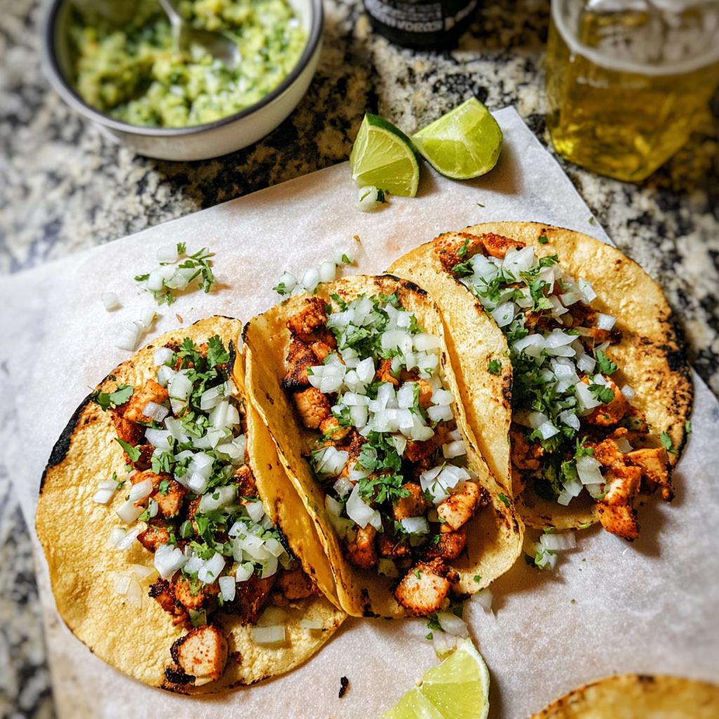 Three delicious Chicken Street Tacos topped with diced white onion and fresh cilantro, served with lime wedges.