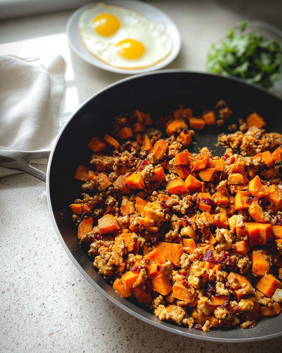 Close-up of Turkey and Sweet Potato Skillet Hash cooking in a black skillet, with eggs in the background.