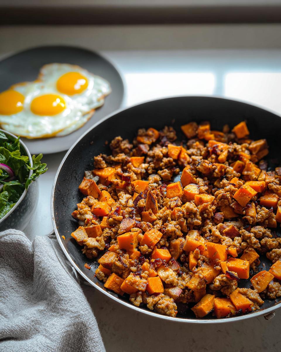 Close-up of Turkey and Sweet Potato Skillet Hash cooking in a black skillet, with fried eggs nearby.