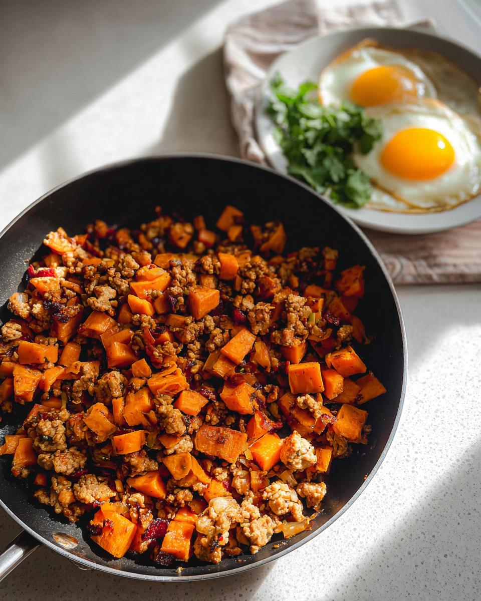 Close-up of Turkey and Sweet Potato Skillet Hash in a black pan, with fried eggs in the background.
