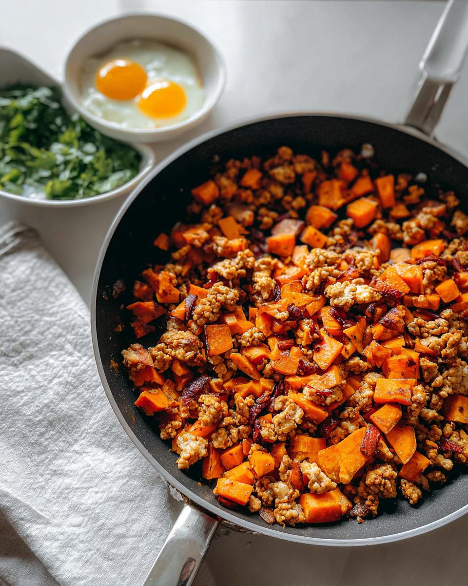 Close-up of Turkey and Sweet Potato Skillet Hash cooking in a black skillet, served with eggs and greens.
