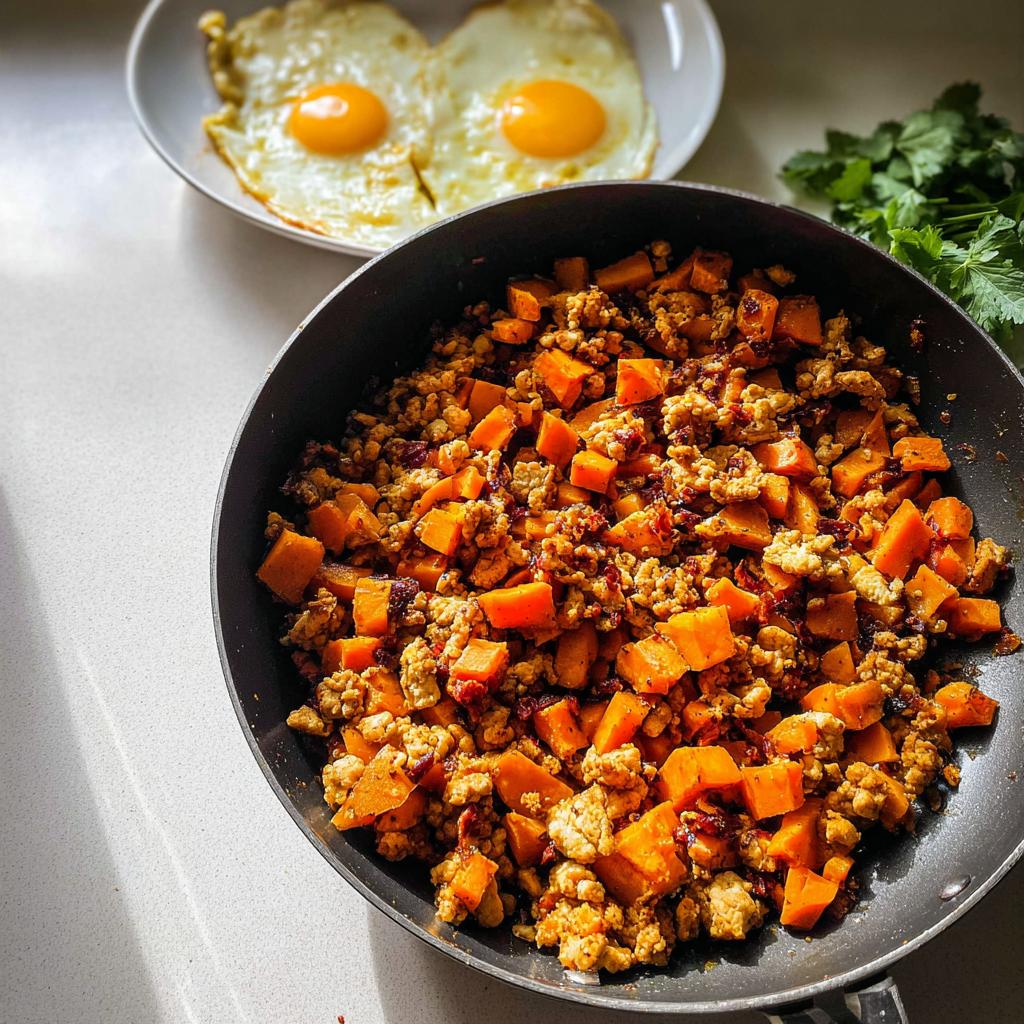 Close-up of Turkey and Sweet Potato Skillet Hash cooking in a black skillet, served with two fried eggs nearby.