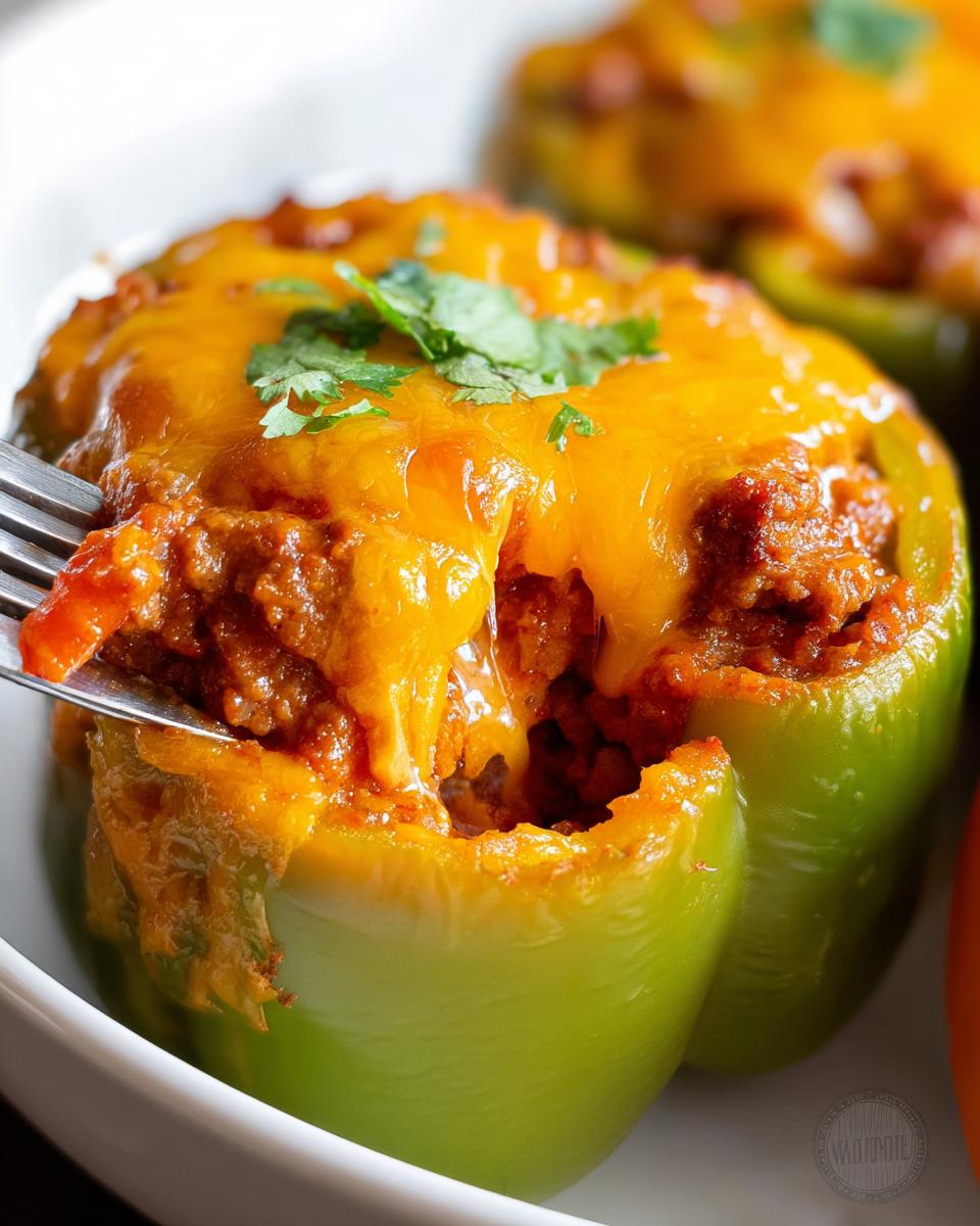 Close-up of a green bell pepper stuffed with taco meat, topped with melted cheddar cheese and cilantro, being pierced by a fork.