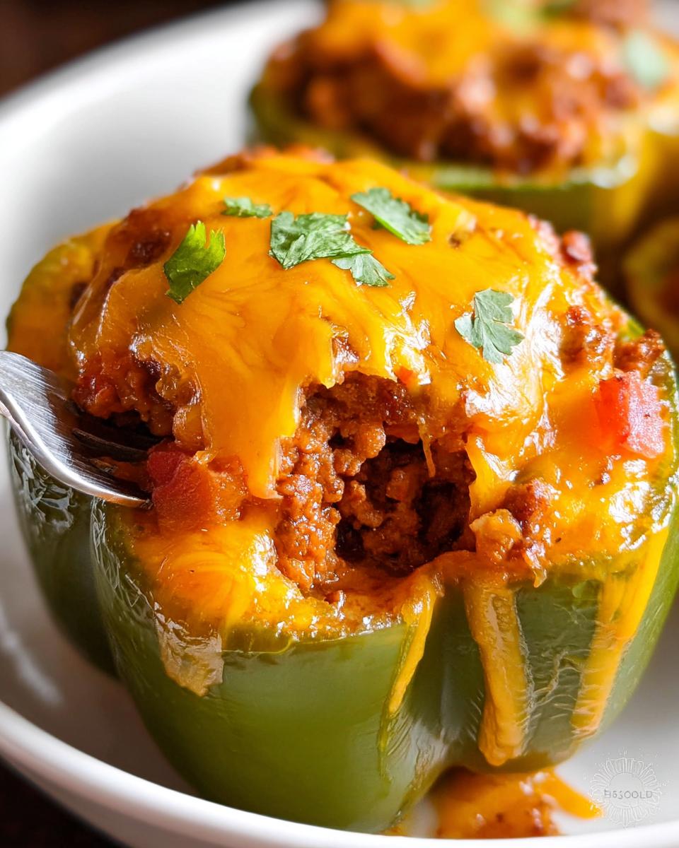 Close-up of a green bell pepper stuffed with seasoned ground turkey mixture, topped with melted cheddar cheese and cilantro, being eaten with a fork.