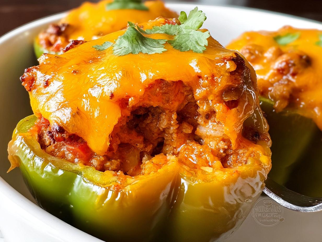 A close-up view of a green bell pepper filled with savory turkey taco mixture, topped with melted cheddar cheese and cilantro garnish.