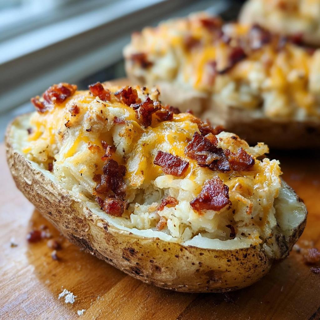 A close-up of a perfectly stuffed Twice Baked Bacon Cheddar Potatoes, topped with melted cheddar cheese and crispy bacon bits.