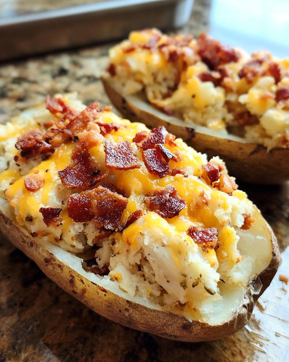 Close-up of a Twice Baked Bacon Cheddar Potatoes half, topped with melted cheese and crispy bacon bits.