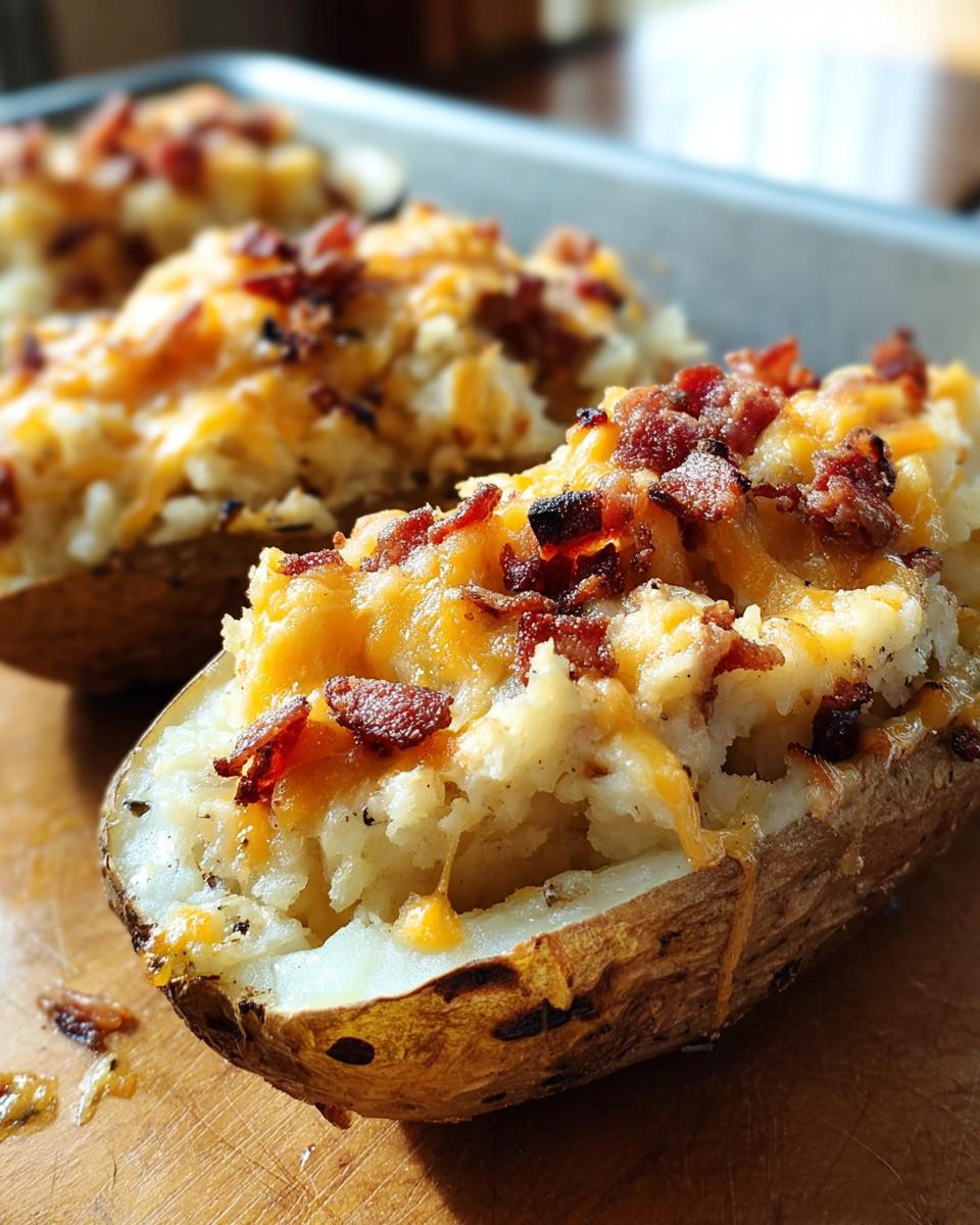 Close-up of a Twice Baked Bacon Cheddar Potatoes half, topped with melted cheese and crispy bacon bits.