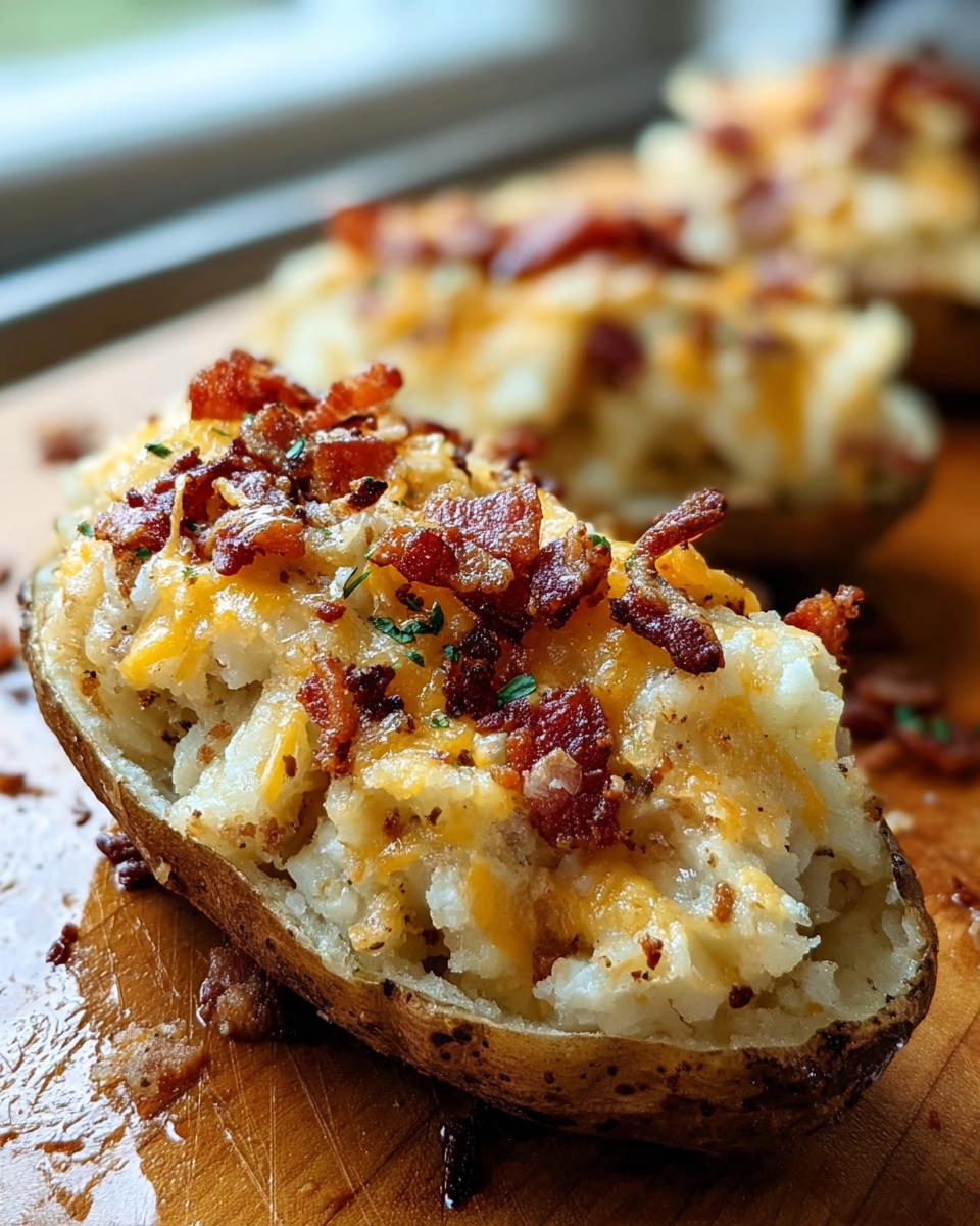 A close-up of a Twice Baked Bacon Cheddar Potatoes half, loaded with cheese and crispy bacon bits.