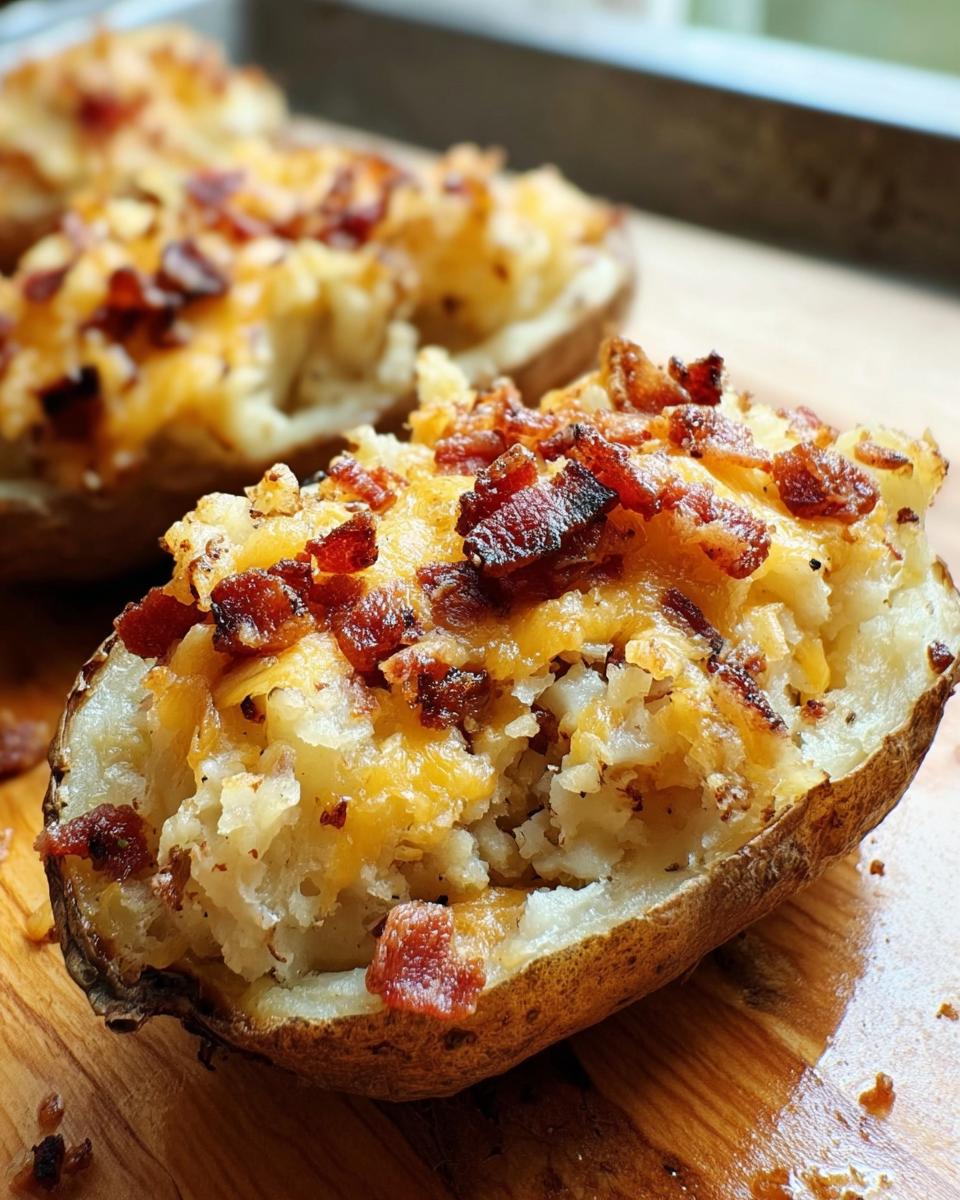 A close-up of a Twice Baked Bacon Cheddar Potatoes half, showing creamy filling topped with melted cheddar and crispy bacon bits.