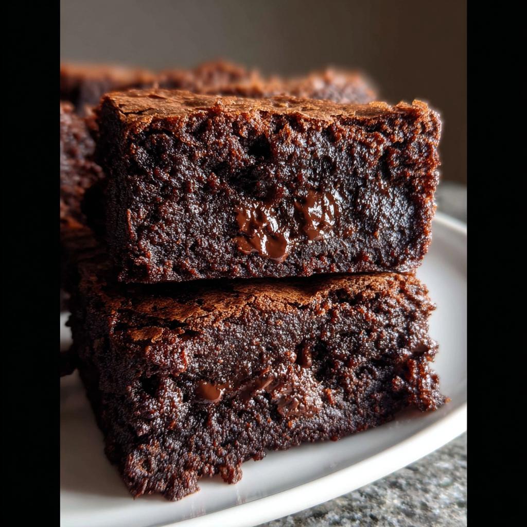 Two stacked pieces of Ultimate Fudgy Dark Chocolate Brownies showing melted chocolate chips inside.