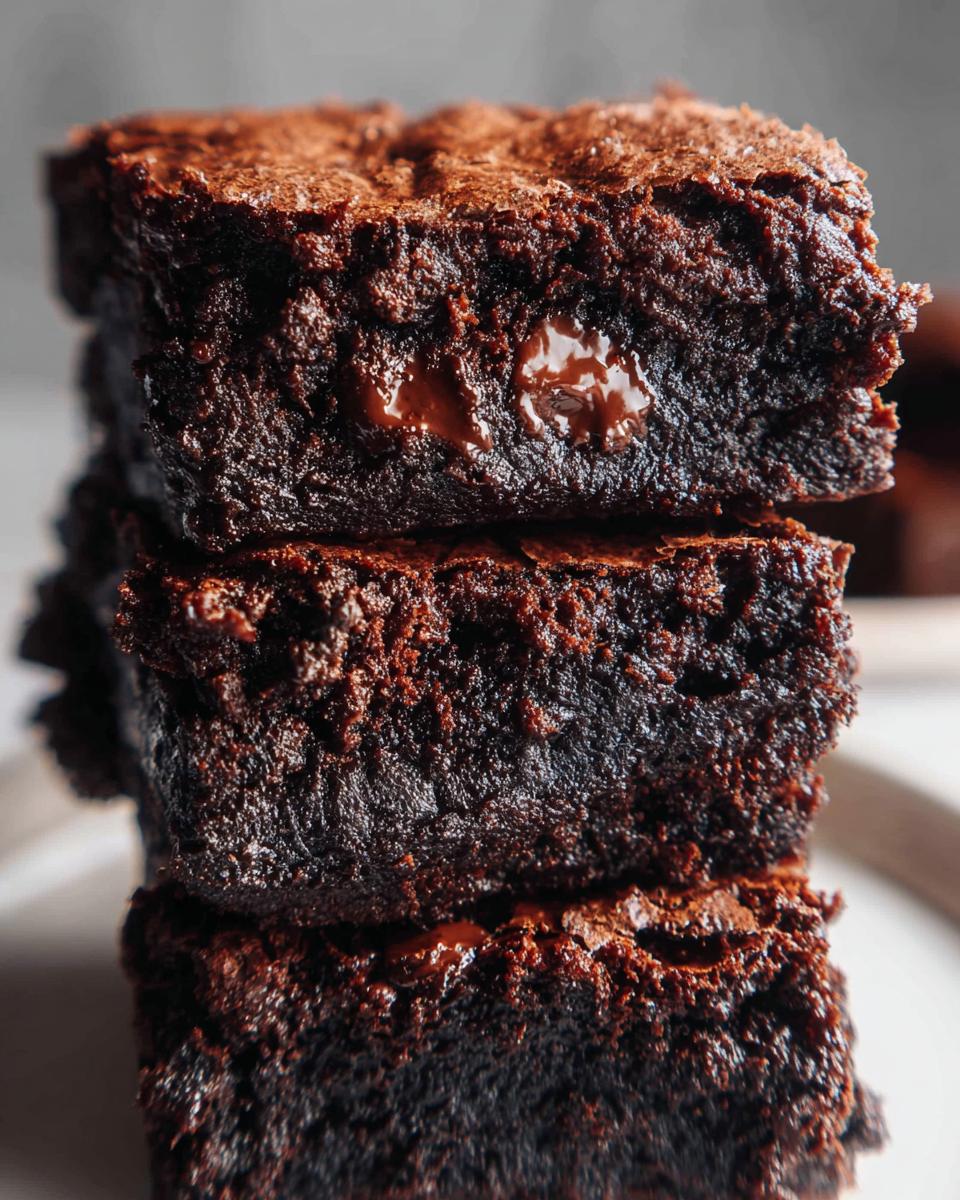 Close-up of a stack of three Ultimate Fudgy Dark Chocolate Brownies showing gooey melted chocolate chips.