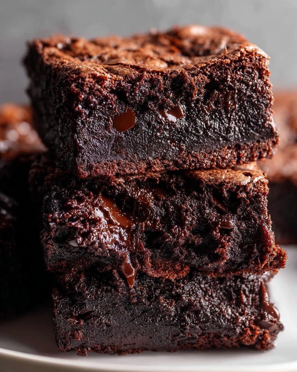 Stack of three incredibly fudgy dark chocolate brownies showing melted chocolate chips inside.