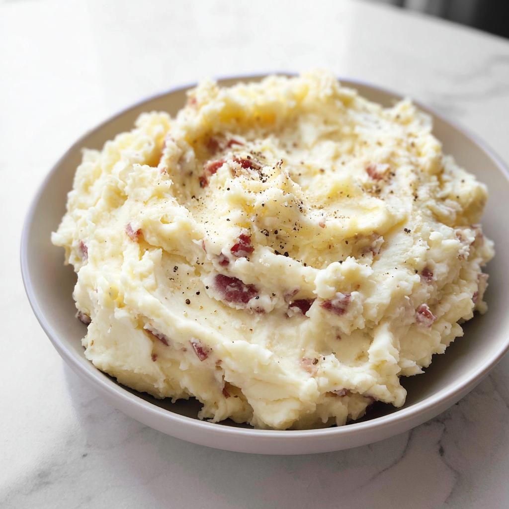 A close-up of a bowl filled with Ultra Creamy Garlic Mashed Potatoes, showing flecks of red potato skin and fresh black pepper.