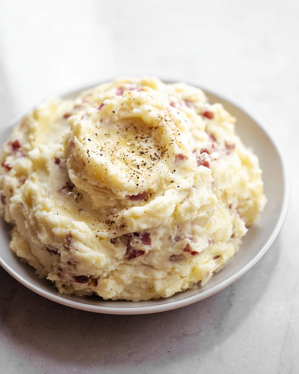 A generous serving of Ultra Creamy Garlic Mashed Potatoes with visible red potato skins, topped with melted butter and fresh black pepper.