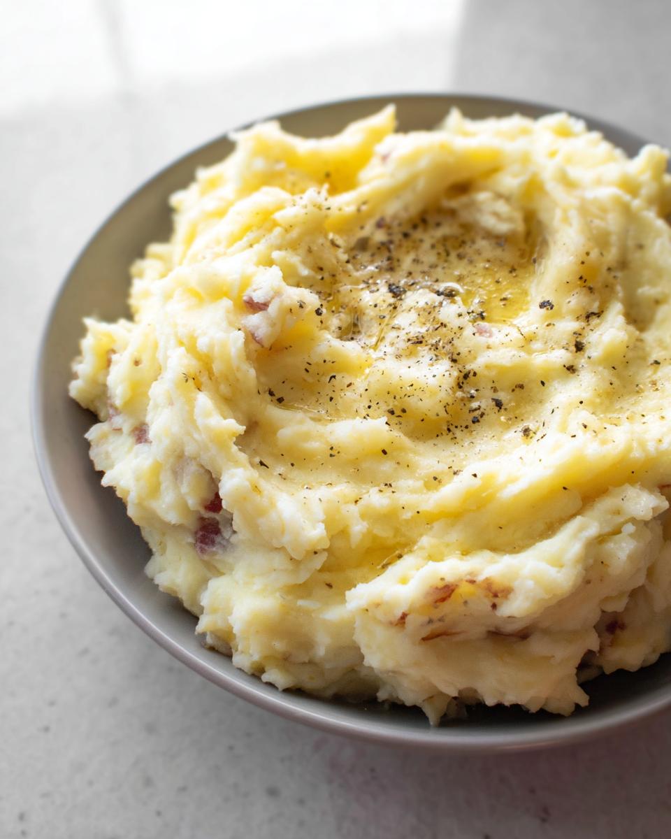 A close-up of a bowl filled with Ultra Creamy Garlic Mashed Potatoes, topped with melted butter and black pepper.