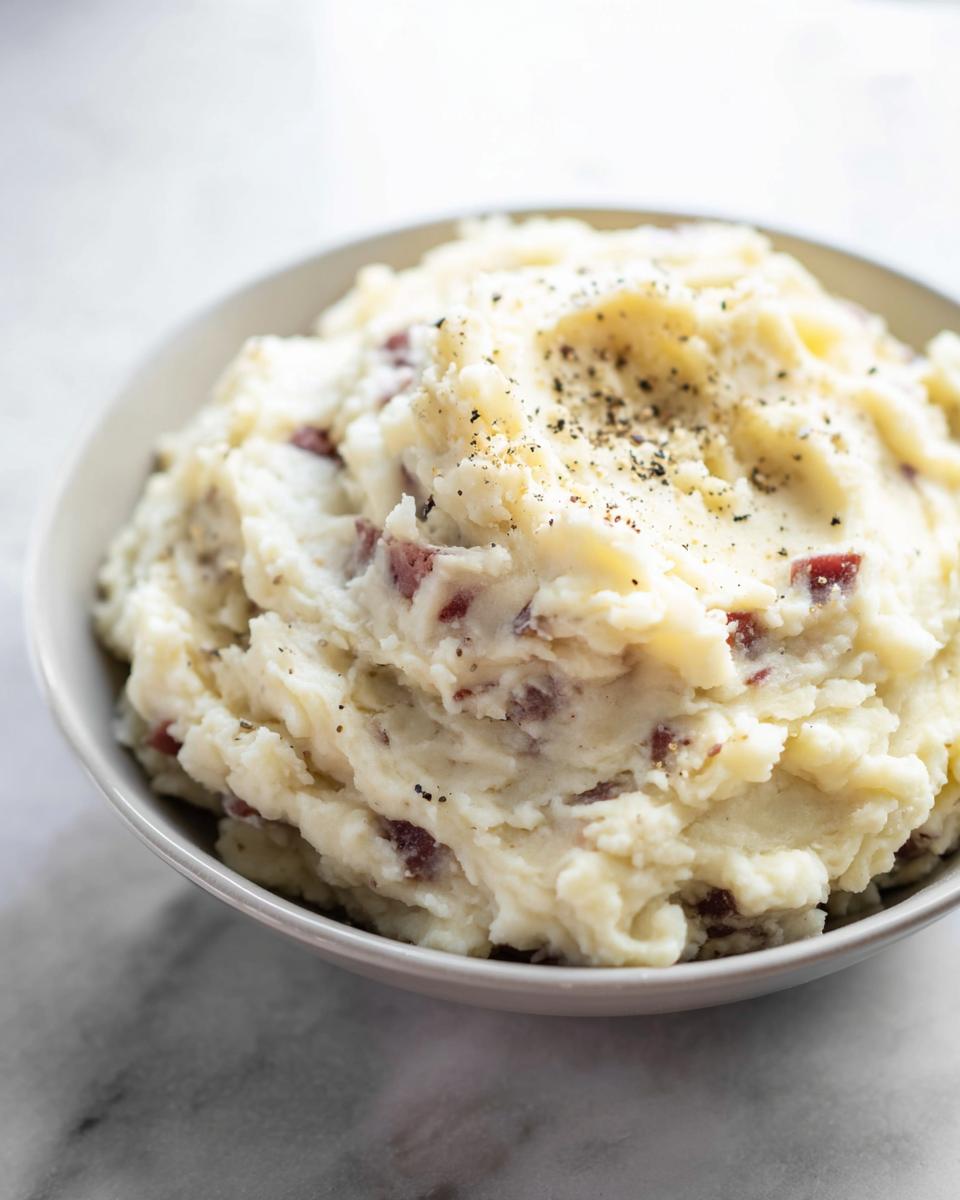 A close-up of a bowl filled with Ultra Creamy Garlic Mashed Potatoes, topped with cracked black pepper.
