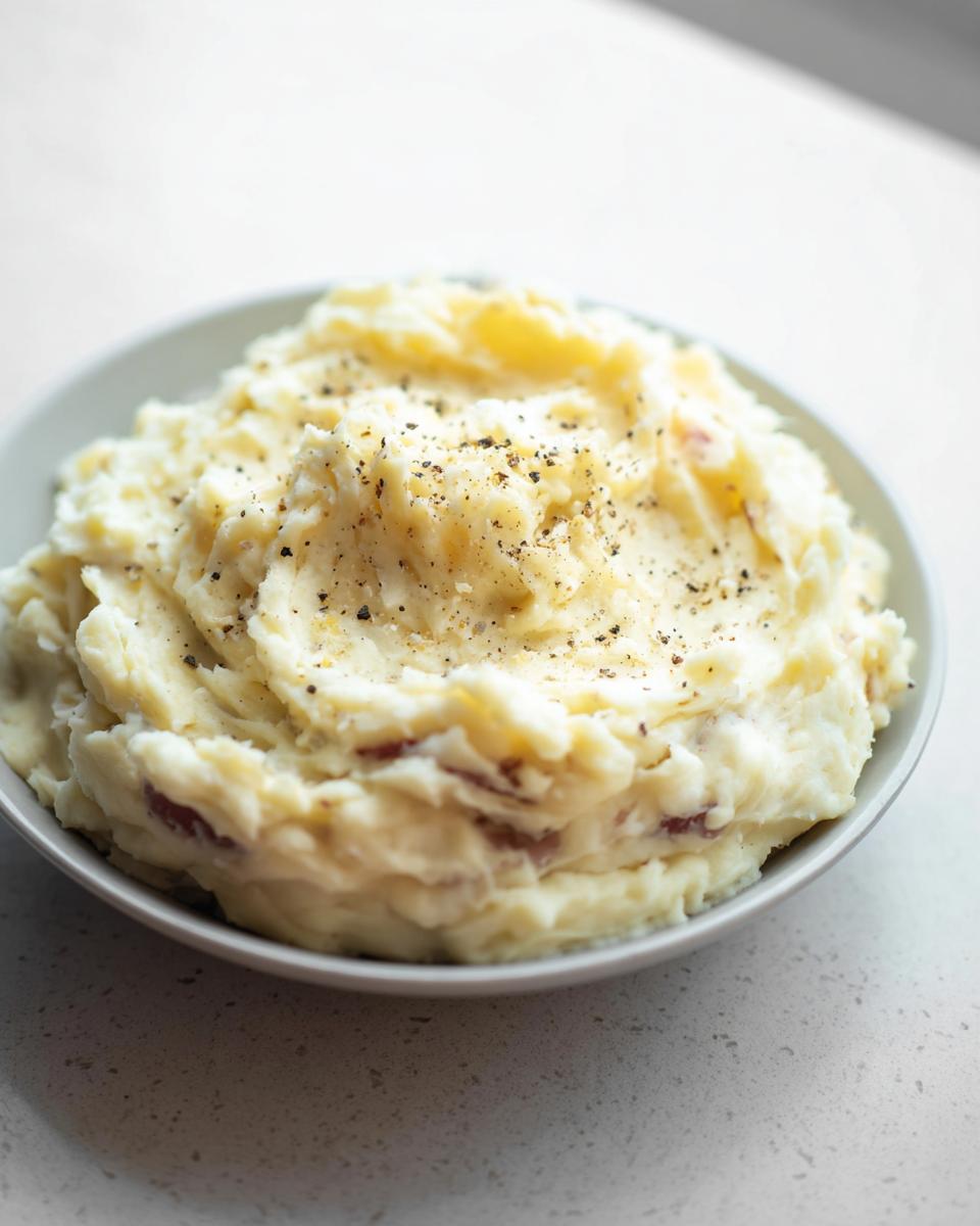 A close-up of a bowl filled with Ultra Creamy Garlic Mashed Potatoes, topped with cracked black pepper.
