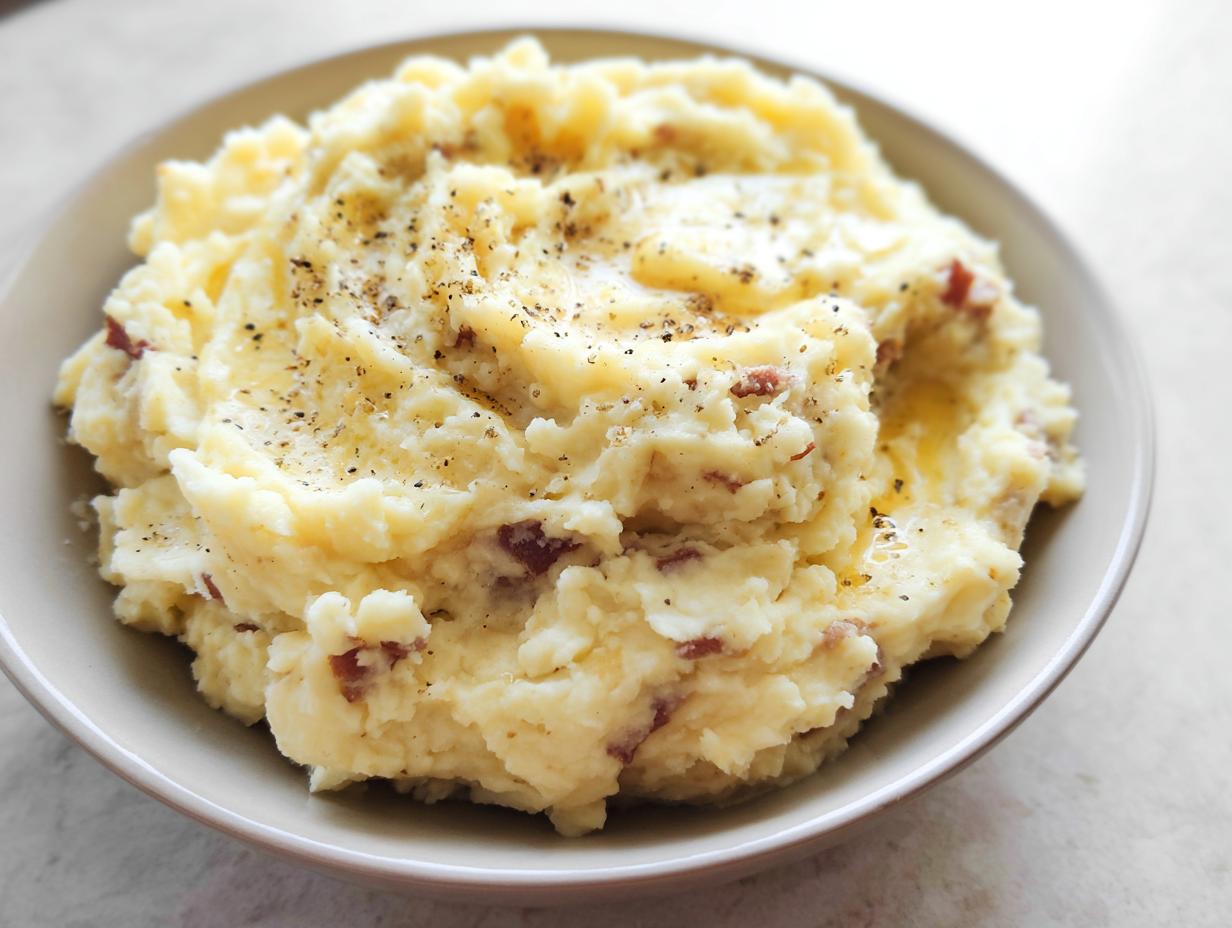 Close-up of a bowl filled with Ultra Creamy Garlic Mashed Potatoes, topped with melted butter and black pepper.