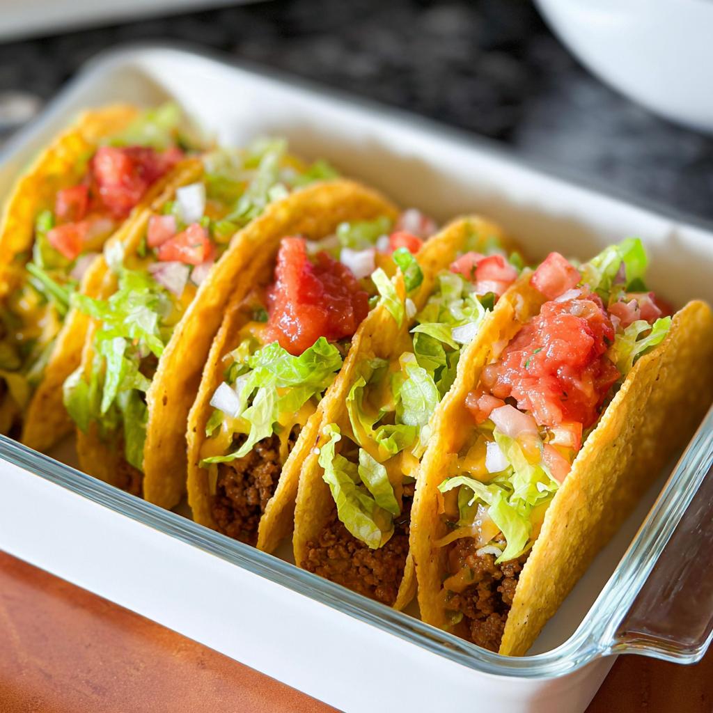 A row of crispy, hard-shell tacos filled with ground meat, lettuce, cheese, salsa, and onions, ready for Taco Night.