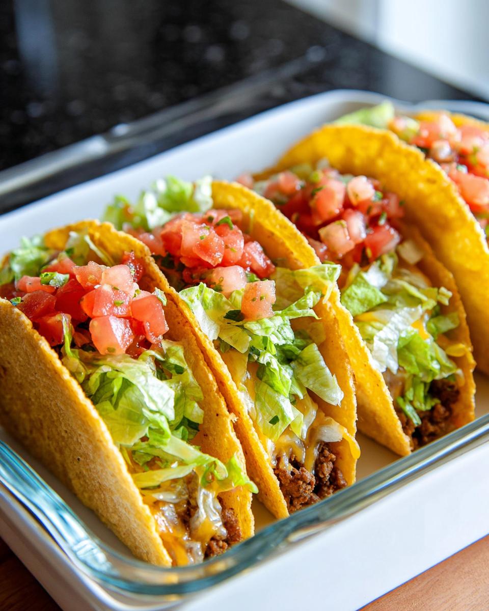 A row of crispy, hard-shell tacos filled with ground meat, cheese, lettuce, and pico de gallo, part of Unique Easy Taco Recipes.