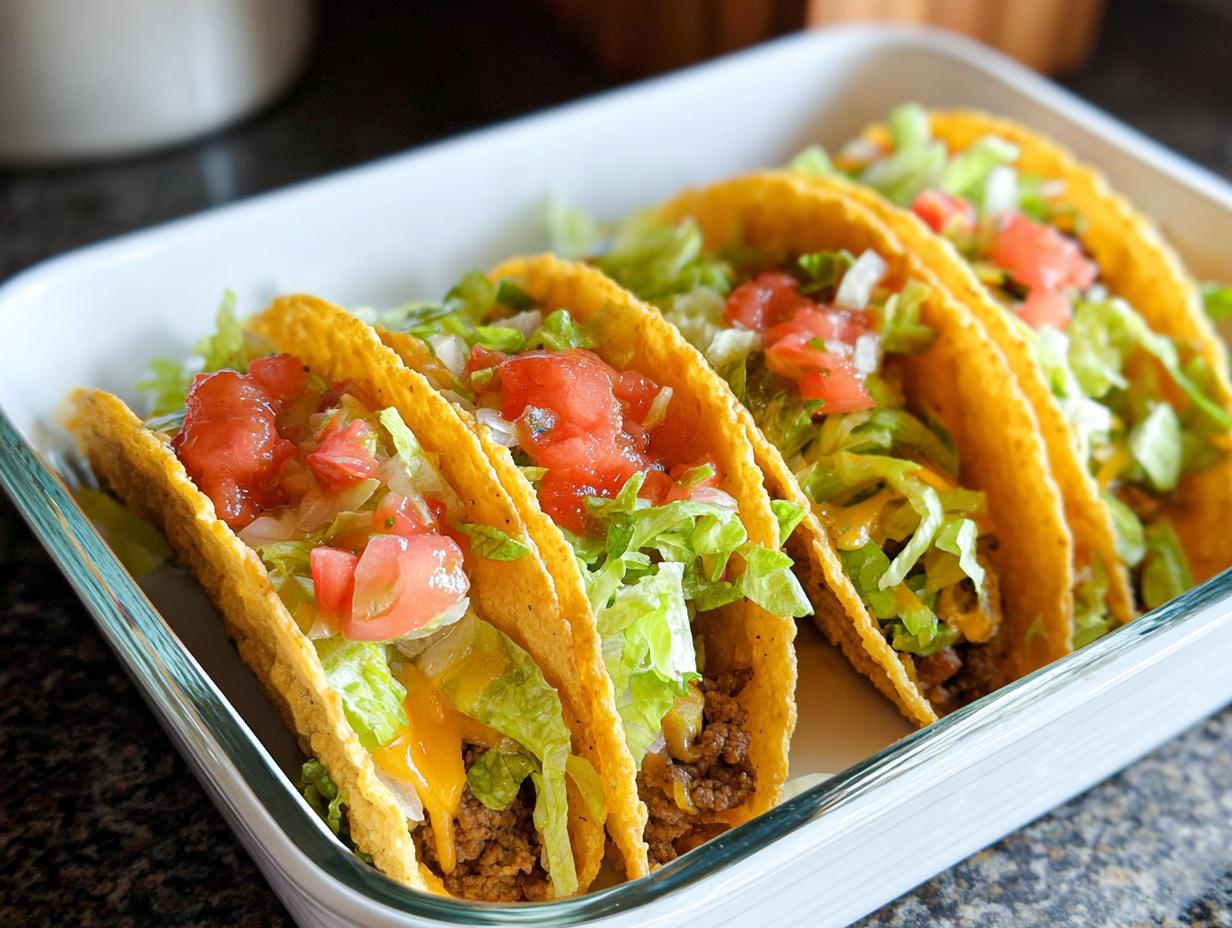 Four classic hard shell tacos filled with ground beef, lettuce, cheese, and fresh diced tomatoes, ready for Taco Night.