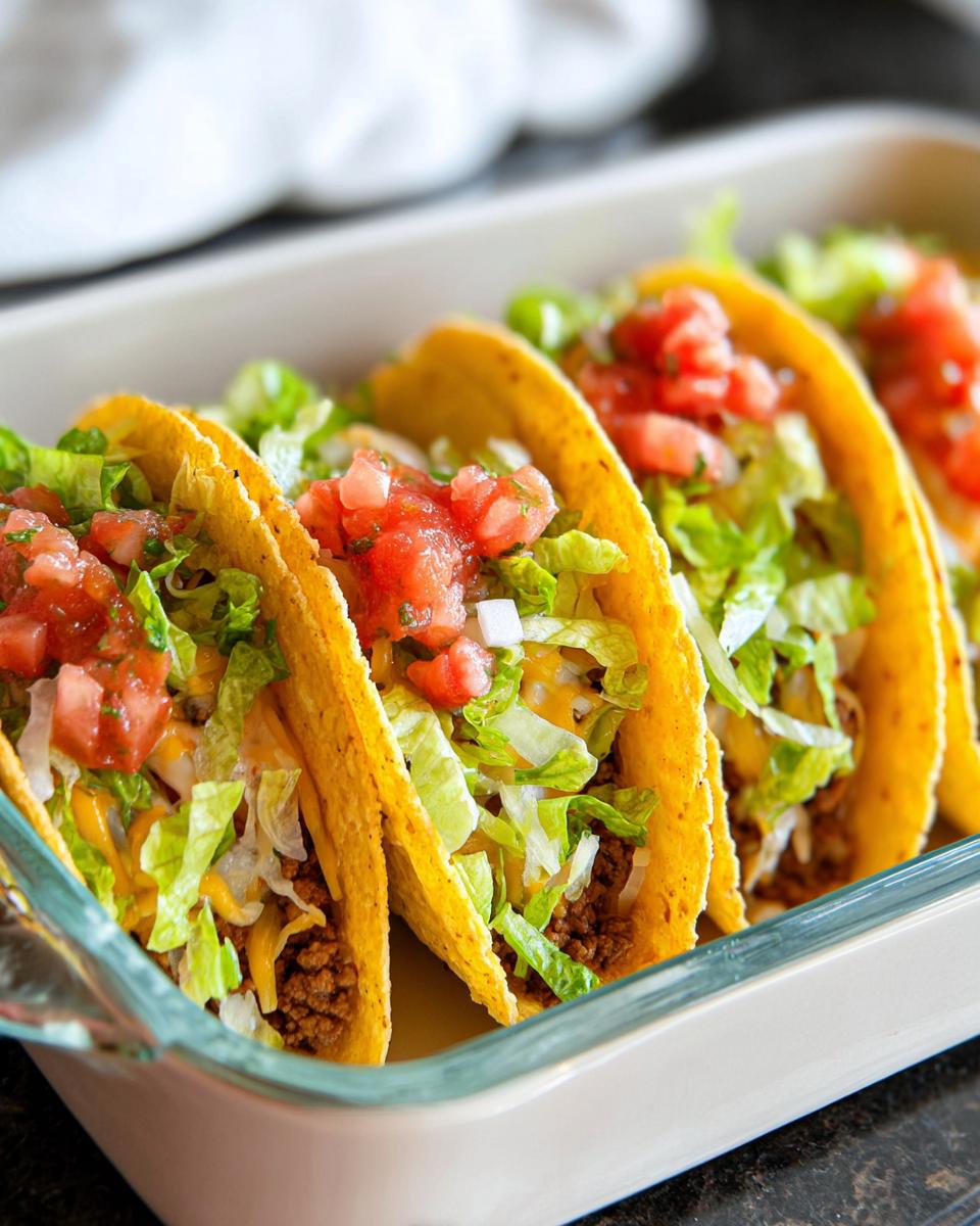 Four crispy shell tacos filled with ground meat, shredded lettuce, cheese, and pico de gallo, ready for serving in a baking dish, showcasing Unique Easy Taco Recipes.