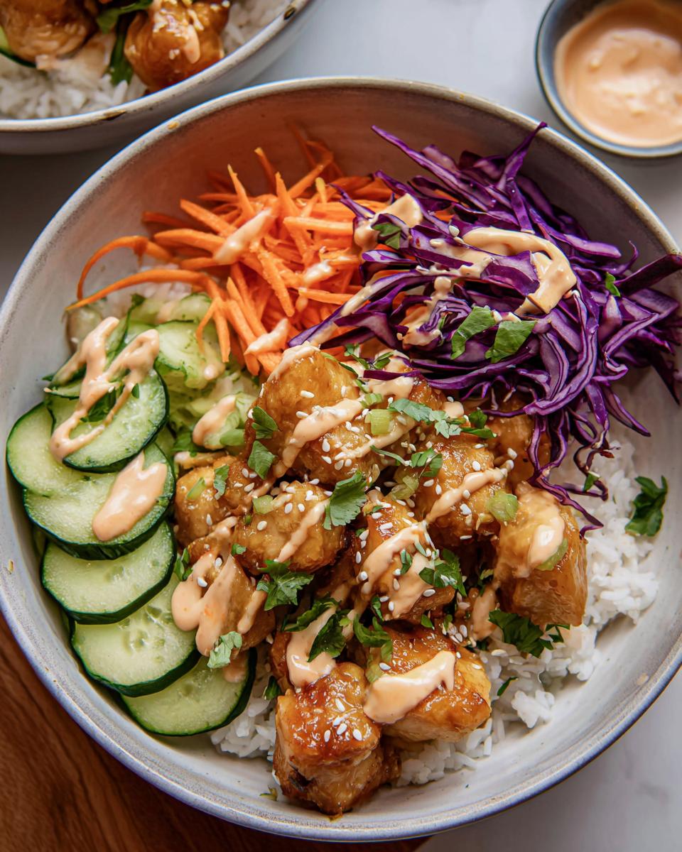 A close-up view of a colorful Bang Bang Chicken Bowl served over white rice with shredded carrots, red cabbage, and sliced cucumbers.