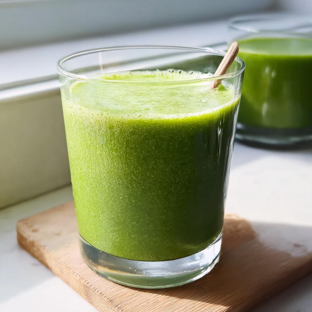 Close-up of a glass filled with a thick, vibrant green smoothie, resting on a small wooden board.