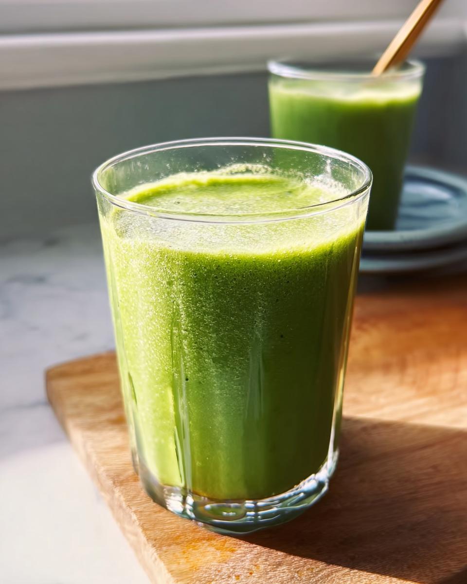 Close-up of a vibrant green smoothie in a clear glass, part of Easy Smoothie Recipes for Beginners.