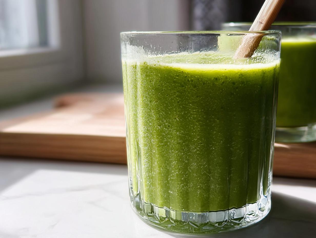 Close-up of a tall glass filled with a thick, vibrant green smoothie, featuring a wooden stirrer.