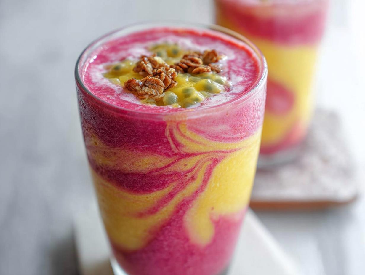 Close-up of a vibrant layered breakfast smoothie with pink and yellow swirls, topped with passion fruit and granola.
