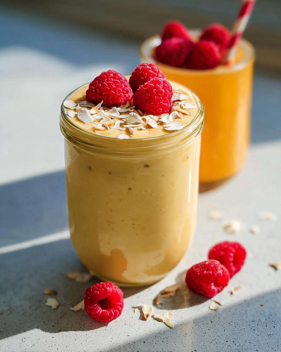 Close-up of a thick, yellow High-Protein Fruit Smoothies topped with fresh raspberries and oats.
