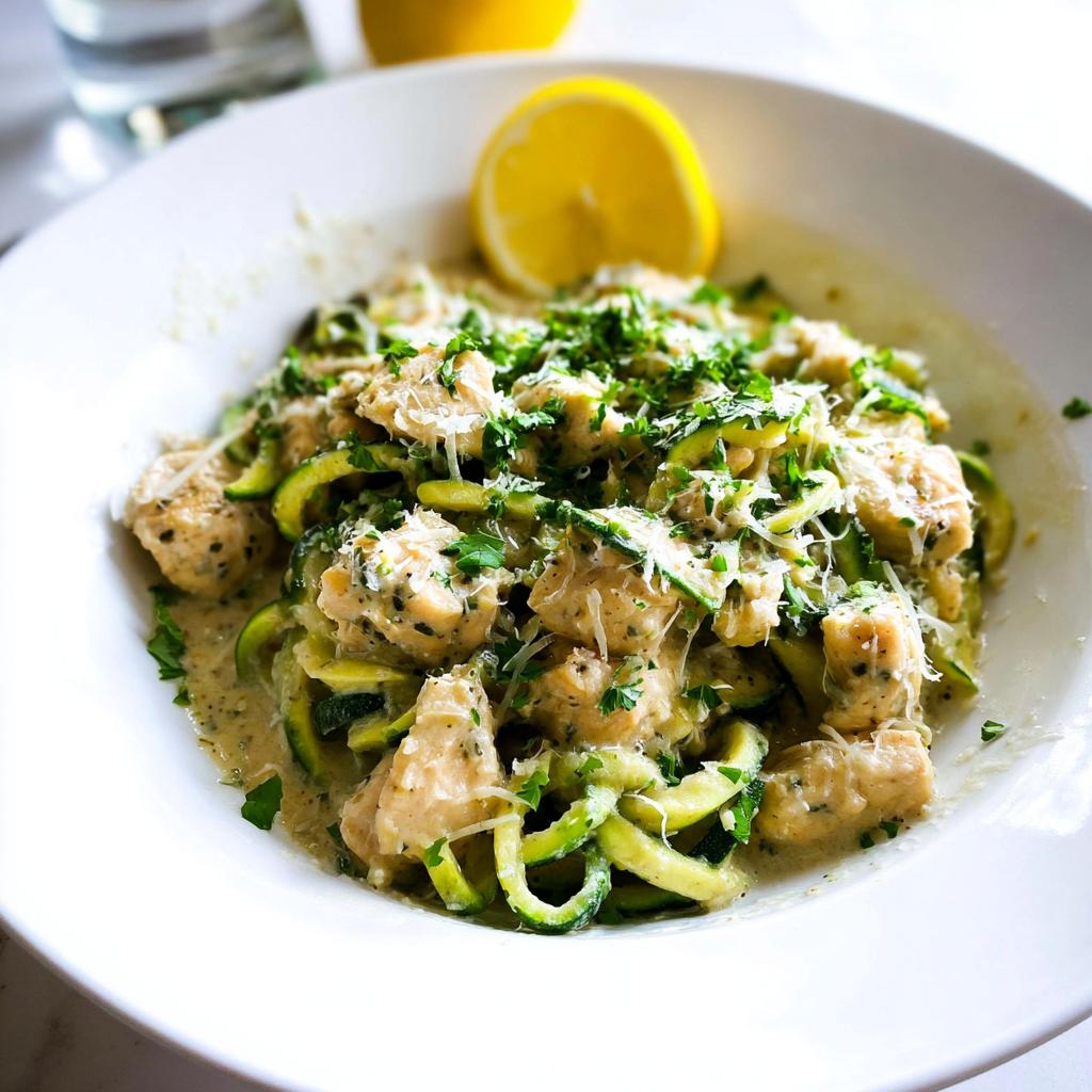 A close-up of Zucchini Noodle Chicken Alfredo Lightened Up, topped with parsley and Parmesan cheese, garnished with a lemon wedge.