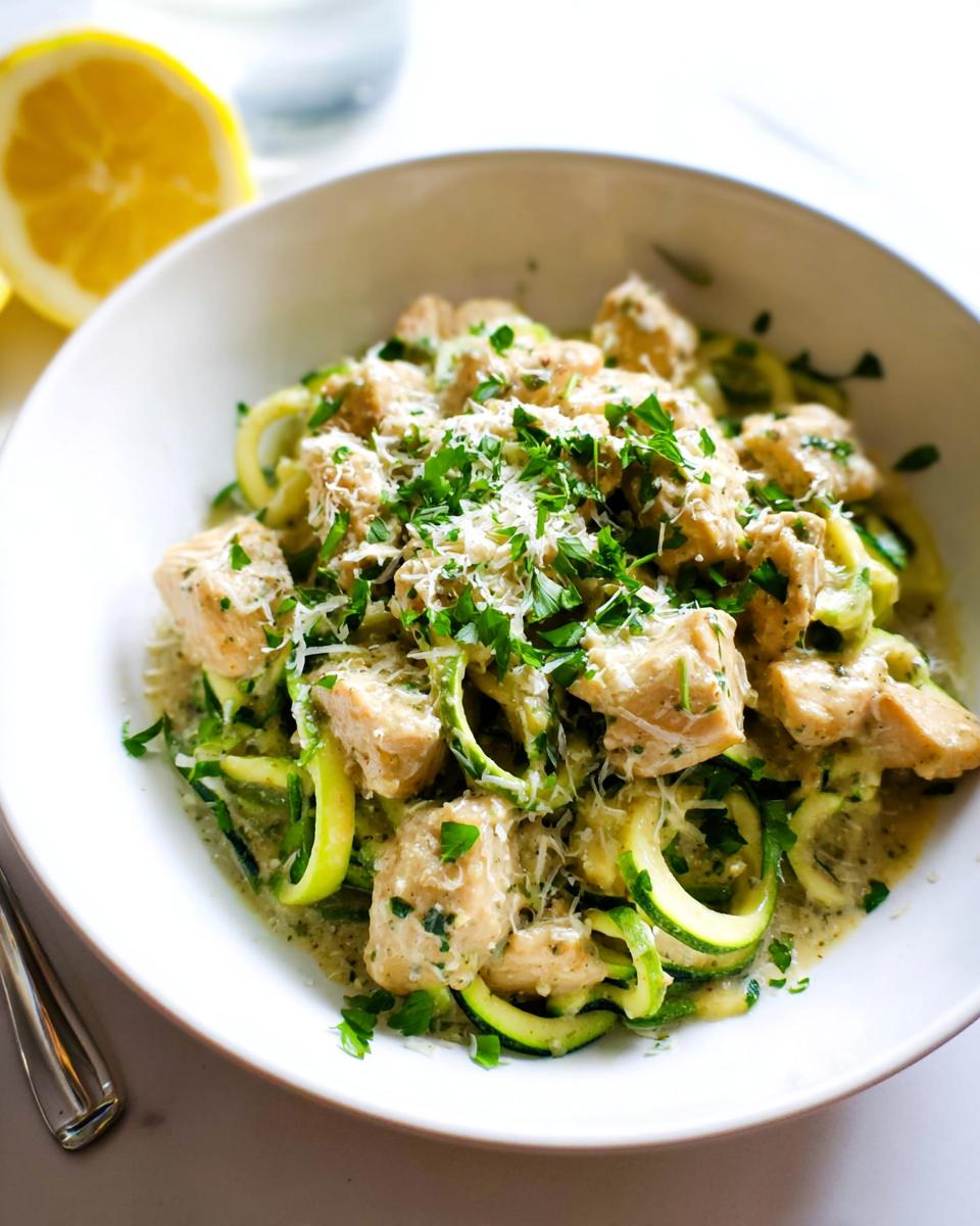A bowl of Zucchini Noodle Chicken Alfredo Lightened Up, topped with parmesan and fresh parsley.