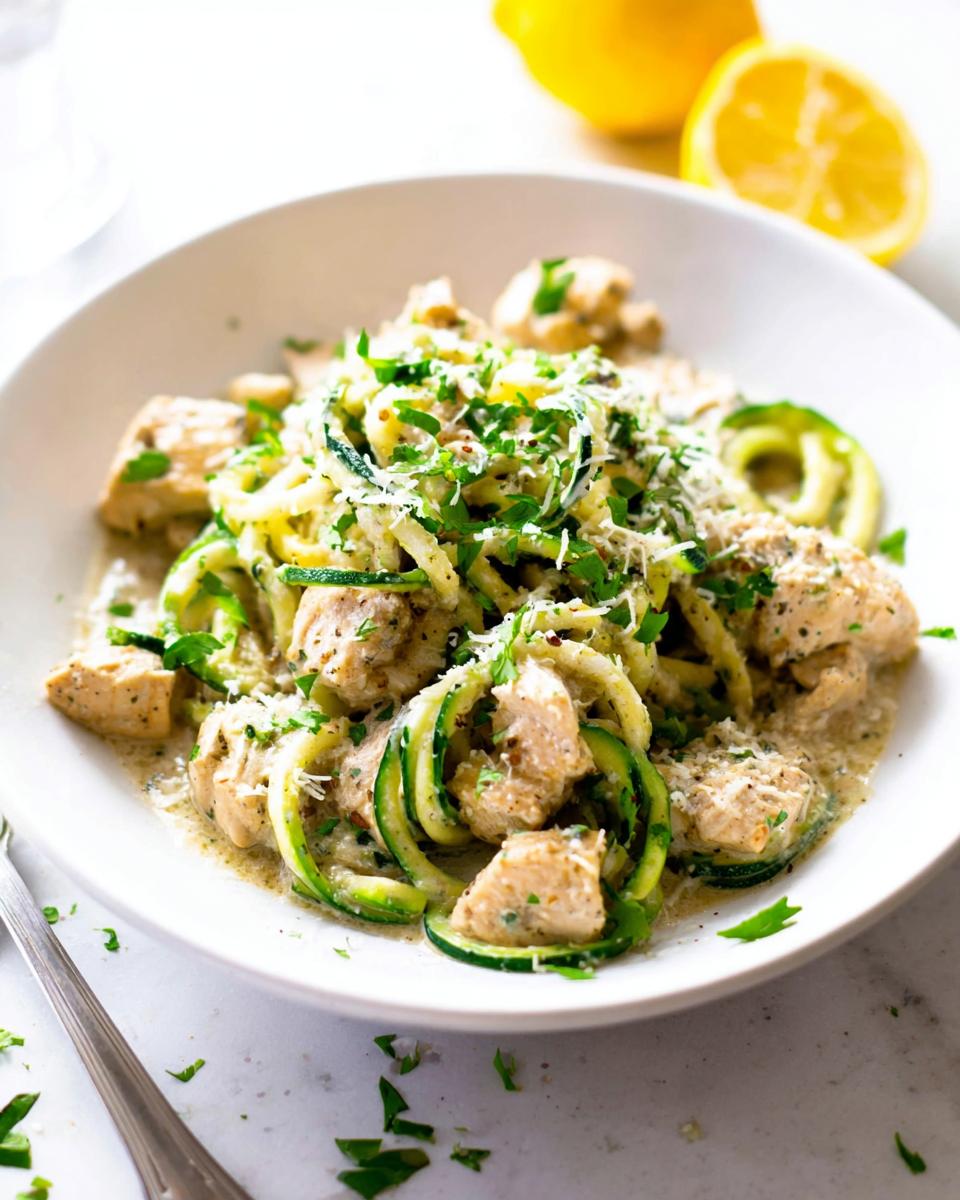 A bowl of Zucchini Noodle Chicken Alfredo Lightened Up, topped with Parmesan and parsley, with lemons in the background.