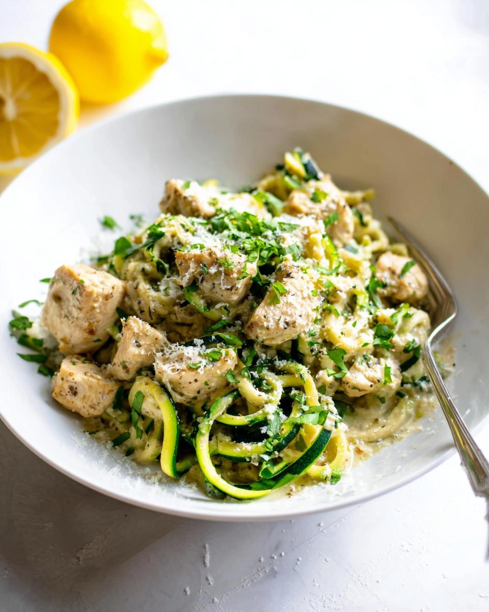 A bowl of Zucchini Noodle Chicken Alfredo Lightened Up topped with chicken chunks, Parmesan, and parsley.
